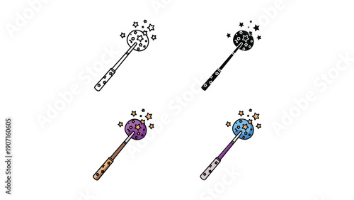 Magic wand with a round crystal and stars, representing spells, wishes, or enchantment.