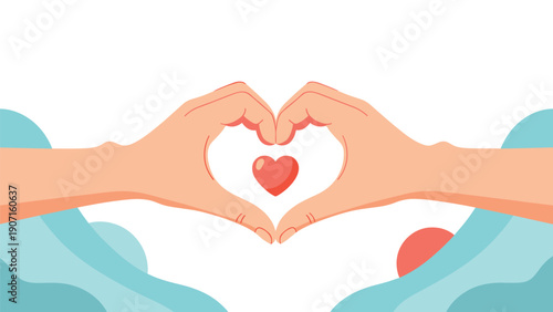 Pair of hands forming heart shape framing small red heart symbol to represent love kindness and togetherness in soft vector art.