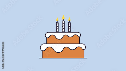 Two-tier birthday cake decorated with white frosting and three lit candles on light blue background as festive celebration icon.