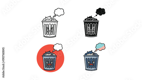 Sad trash can with thought bubble in four styles: outline, black, red, and multi-color