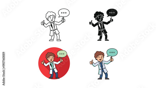 Doctor giving a thumbs up with speech bubble in four styles: outline, black, red, and green