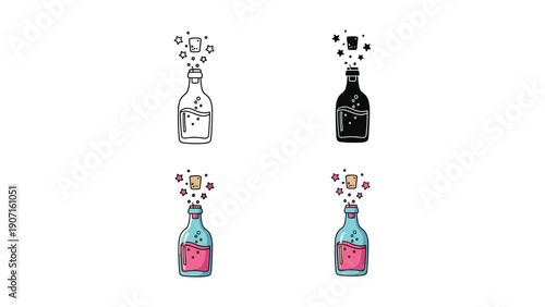 Champagne bottle with popping cork and stars, celebrating success, joy, or a festive occasion.