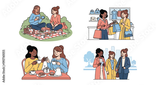Woman friends flat vector illustration set showing young women enjoying friendship and leisure activities together.