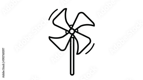 Spinning pinwheel toy outline showing movement for wind energy playfulness and childhood memories in minimalist black line vector art.