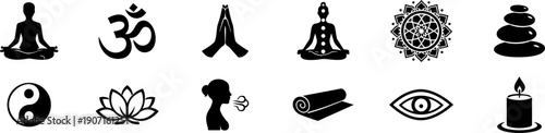 Yoga and Meditation Spiritual Icons Set – 12 Black and White Minimalist Symbols