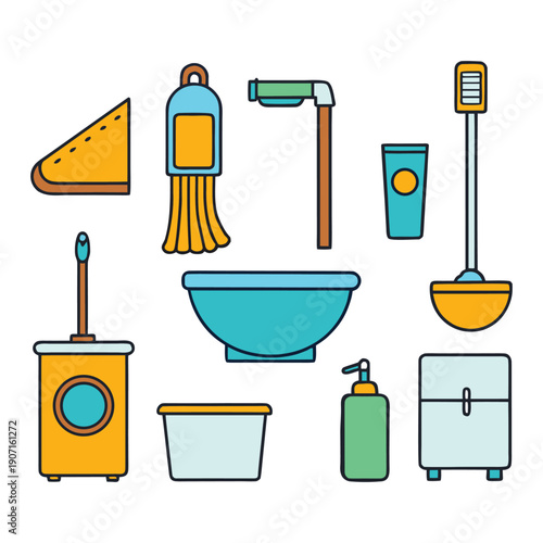 A playful cartoon bathroom set with colorful bathtub, sink, toilet, shower, and accessories, full of fun, charm, and cheerful details for kids’ illustrations.
