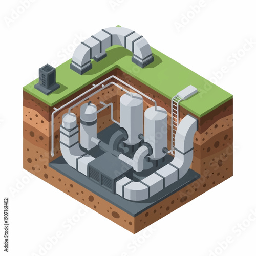 Isometric Cross Section of Underground Industrial Water Treatment Plant.