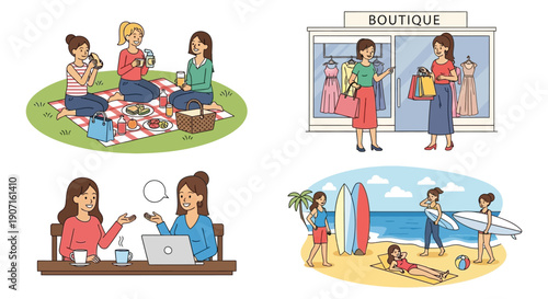 Woman friends flat vector illustration set showing young women enjoying friendship and leisure activities together.