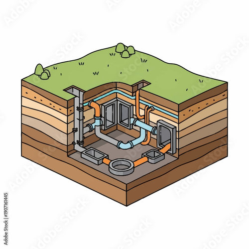 Isometric cross section of underground sewage system with pipes and tanks.