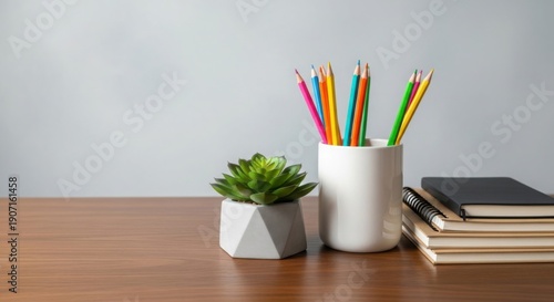 Desk with colorful pencils, succulent plant, and stack of notebooks.