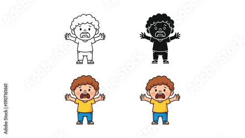 Scared Cartoon Boy with Open Mouth, Set of Illustrations