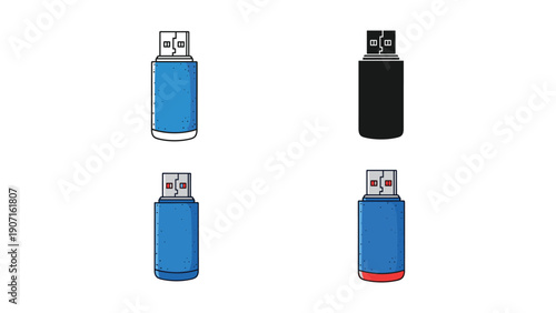 USB Flash Drive Icons in Blue and Red, Set of Different Styles