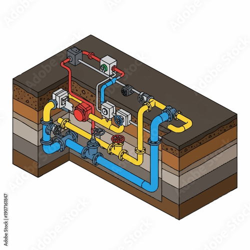 Isometric illustration of underground pipe network for water and gas distribution.