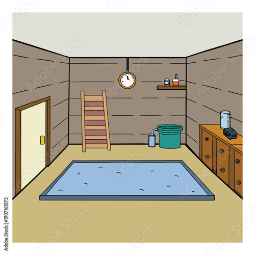 A cozy basement interior with soft lighting, exposed brick walls, comfy seating, shelves with books, and subtle decor creating a warm, inviting underground space.
