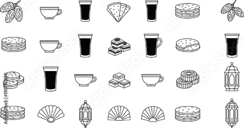 Ramadan Iftar Food and Drink Outline Icon Set Vector with Tea, Coffee, Dates and Festive Islamic Elements