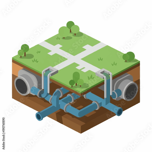 Isometric underground pipe system with green landscape and roads.