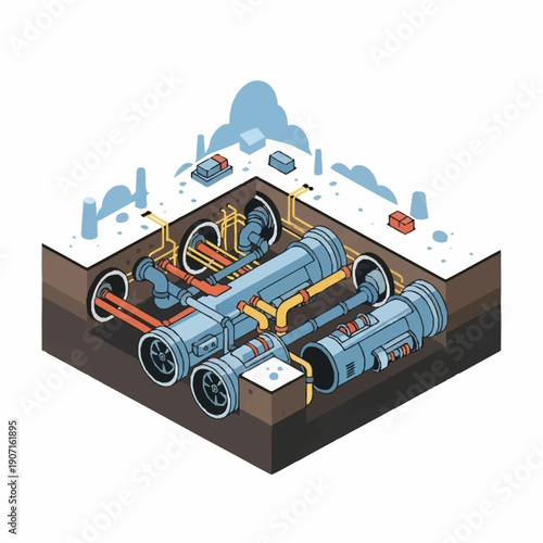 Isometric underground infrastructure with pipes and utilities.