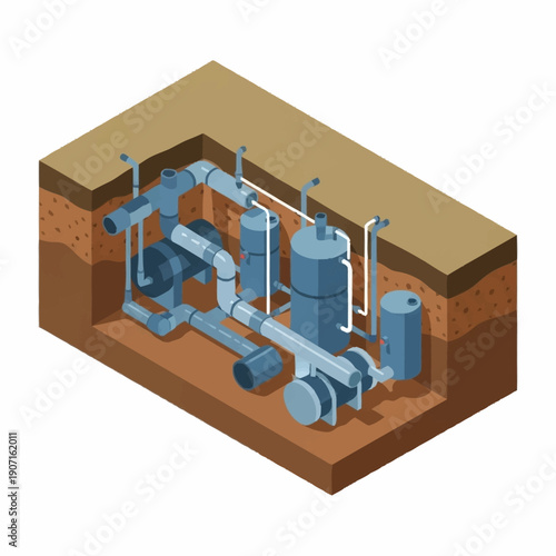 Isometric Underground Water Treatment System Illustration.