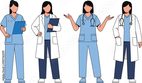 Female medical professionals illustration set, nurses and doctors characters, healthcare staff uniforms, hospital workers, modern flat vector design concept