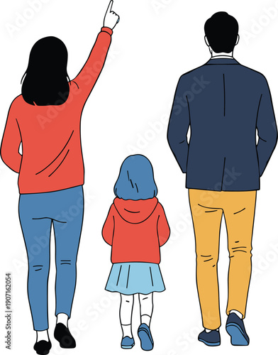 Family walking together illustration, parents and child back view, happy parenting lifestyle concept, outdoor stroll, love bonding scene, togetherness journey
