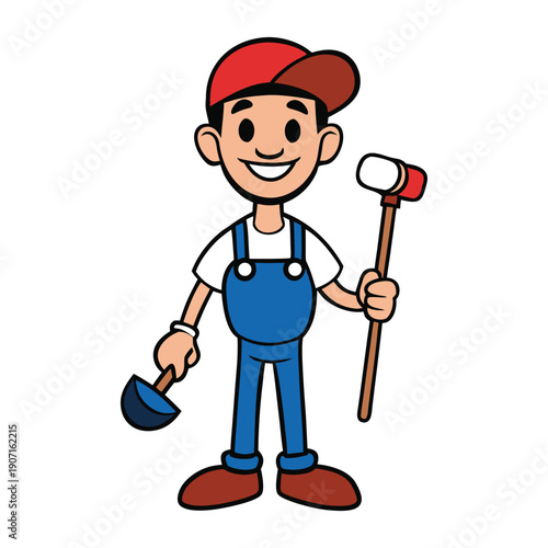 A cheerful plumber stands ready, holding a plunger in hand, prepared to fix clogs with skill and confidence, bringing relief and smiles to every household.
