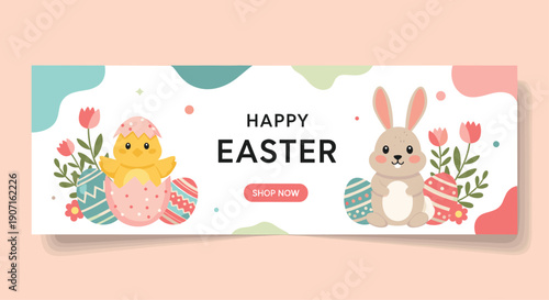 Colorful happy easter promotional web banner featuring a cute bunny and a chick hatching from an egg with flowers.