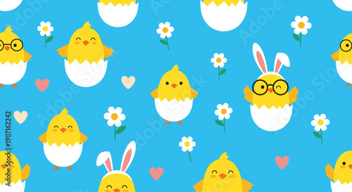 Adorable yellow chicks hatching from white eggshells create cute seamless pattern with daisy flowers and hearts on blue background.