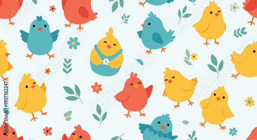 Cute little birds in yellow blue and orange colors hop through green leaves and small flowers in this charming seamless wallpaper.