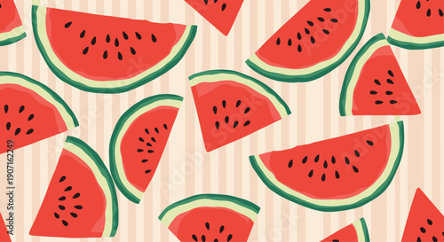 Refreshing summer pattern of watermelon slices with black seeds and green rinds repeats over light beige vertical stripes background.