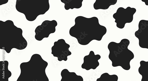 Classic black and white cow print pattern provides seamless texture of animal spots for dairy farm or rustic design projects.