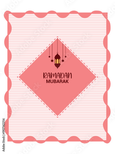 A beautifully designed ramadan mubarak greeting card with a pink and white color scheme Vector