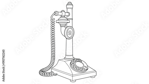 Vintage antique candlestick telephone with rotary dial and separate receiver shown in detailed black and white line drawing style.