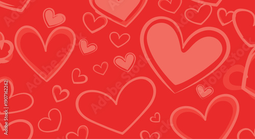 Romantic seamless pattern shows variety of red and pink hearts in different sizes and outlines scattered over bright red background.