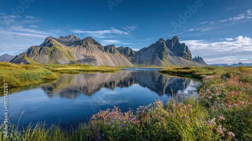 Serene mountain landscape with calm lake and vibrant wildflowers under clear blue sky and wispy clouds in a picturesque scenic valley surrounded by rugged mountains