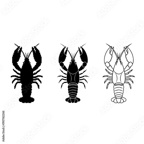 Crayfish pixel silhouette and outline multi style vector graphic