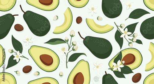 Healthy avocado seamless pattern shows whole fruits cut halves with pits and small white blossoms on pale green background texture.
