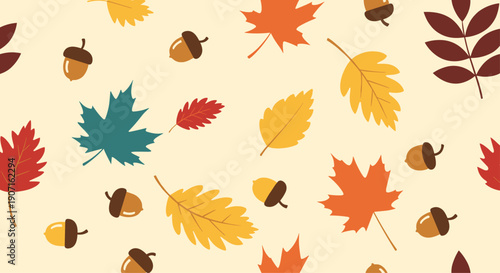 Elegant autumn seamless pattern contains variety of falling leaves in orange red and yellow colors mixed with brown acorns.