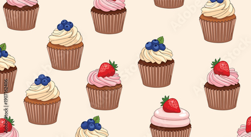 Yummy cupcake seamless pattern features chocolate and vanilla muffins topped with pink frosting strawberries and blueberries on cream.