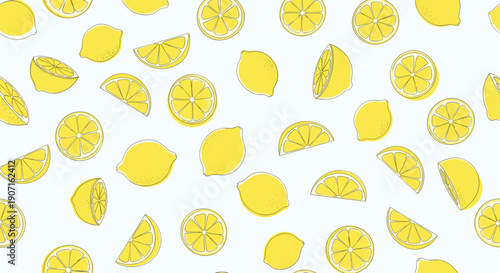 Hand drawn lemon pattern shows whole fruits and slices in bright yellow color with sketchy outlines on very light blue background.
