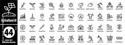 Agricultural AI line art icons. collection including smart plow drone seeder and crop analysis tools for precision farming and sustainable technology in modern food production art vector illustration.