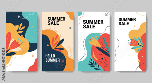 Collection of four vertical summer sale banners uses abstract organic shapes and floral illustrations in bright seasonal color palette.
