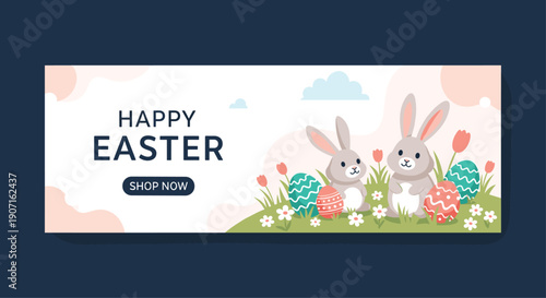Horizontal Easter web banner shows two cute bunnies sitting in green grass with decorated eggs and flowers under happy holiday text.