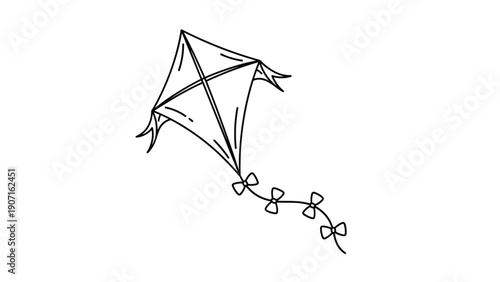 Traditional diamond shaped kite with long tail and bows flying for outdoor recreation and childhood games in black and white style.