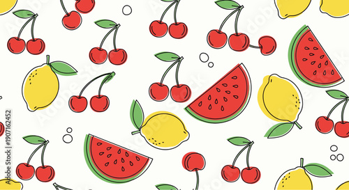 Refreshing fruit pattern features sketched red cherries yellow lemons and watermelon slices with simple circles on white background.