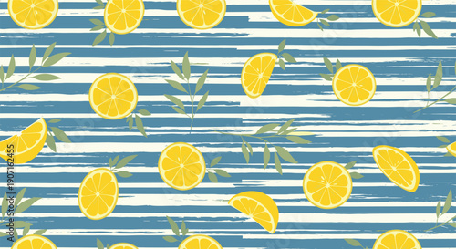 Vibrant citrus pattern displays whole and sliced lemons with green leaves over blue and white horizontal grunge stripes background.