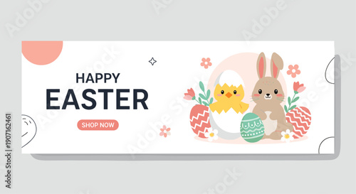Horizontal Easter banner for shop promotion features cute rabbit and chick in eggshell with decorated eggs and flowers on white.