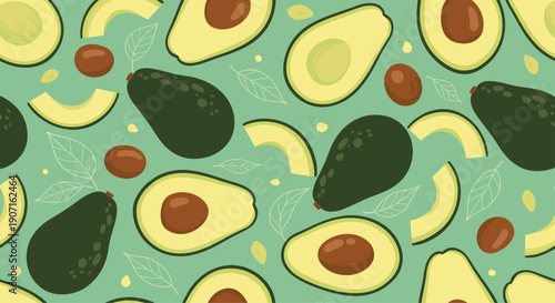 Healthy avocado seamless pattern shows whole green fruits and cut halves with large brown pits on muted turquoise green background.
