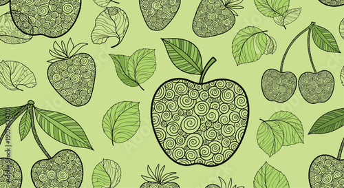 Stylized hand drawn fruit pattern with apples strawberries and cherries featuring intricate doodle details on a light green background.