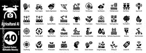 Smart farming and agricultural artificial intelligence icons. Showcasing predictive maintenance, crop harvesting robots, and digital twin farm systems for modern agritech tech vector illustration.