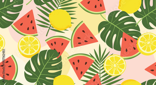 Summer tropical pattern featuring watermelon slices yellow lemons and green monstera leaves over a soft beige background with pastel circles.